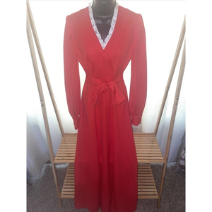 Long Sleeve Red Dress With Lace‎ Detail S Cottagecore Handmade Vintage 1960’s